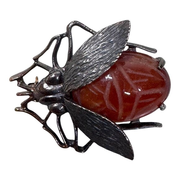 Vtg IPS Scarab Beetle Sterling Silver Carnelian Insect Brooch Signed Statement - Picture 3 of 8